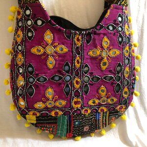 Handmade Boho Mirror-Embroidered Shoulder Bag – Purple Tribal Ethnic Hobo Purse